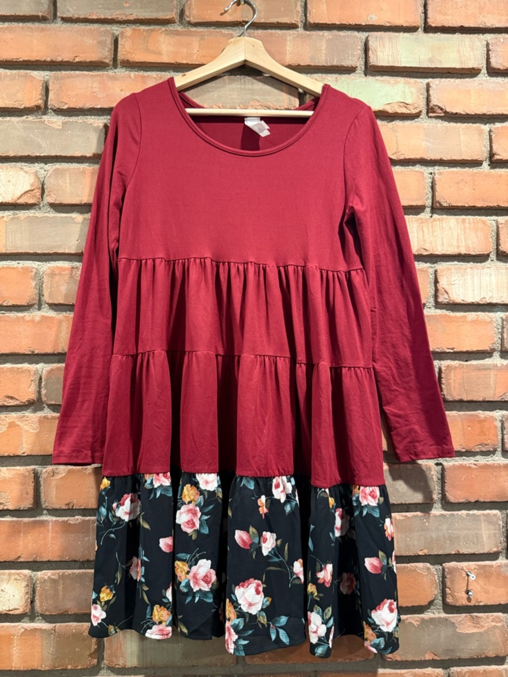 Women's Red Tiered Long-Sleeve Dress with Floral Skirt